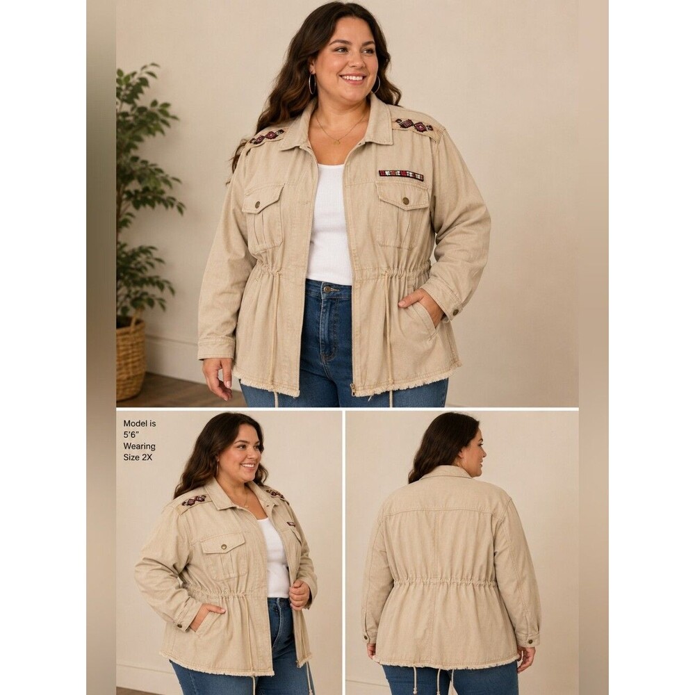 Indigo Thread Co Embellished Utility Jacket Plus 2X Beige Boho Military Shacket